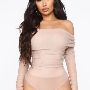 Cream Off shoulder Long Sleeve Bodysuit “Keep Me Sassy Ruched Bodysuit - Taupe”